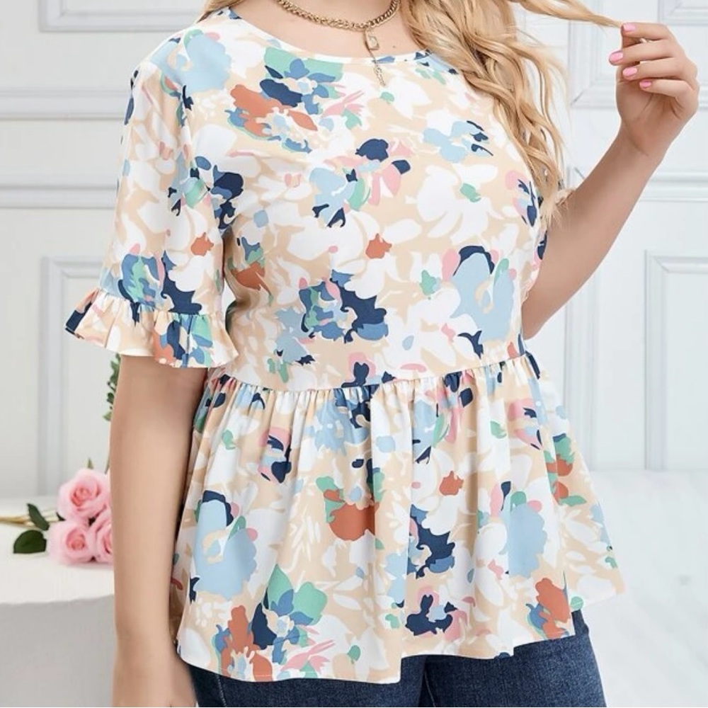 Shein Plus Floral Print Flounce Sleeve Peplum Blouse Size 3X (18)